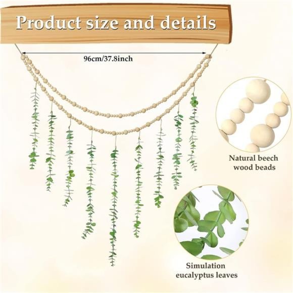 Hanging Eucalyptus Boho Wall Decor Large Bedroom Hanging Wooden Bead Garland - Picture 2 of 6